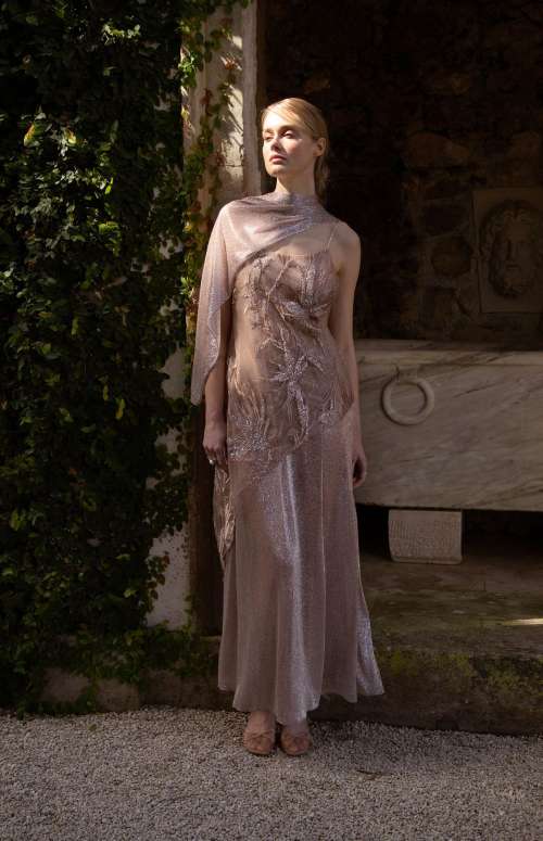 KINETIC DRESS | BEAD-EMBROIDERED SEMI-SHEER FOIL-PRINTED TULLE