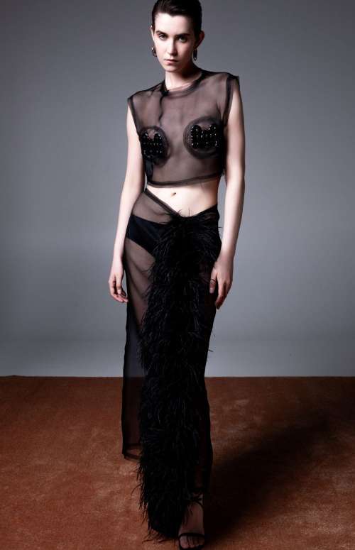 SILK MESH SKIRT WITH FEATHERS