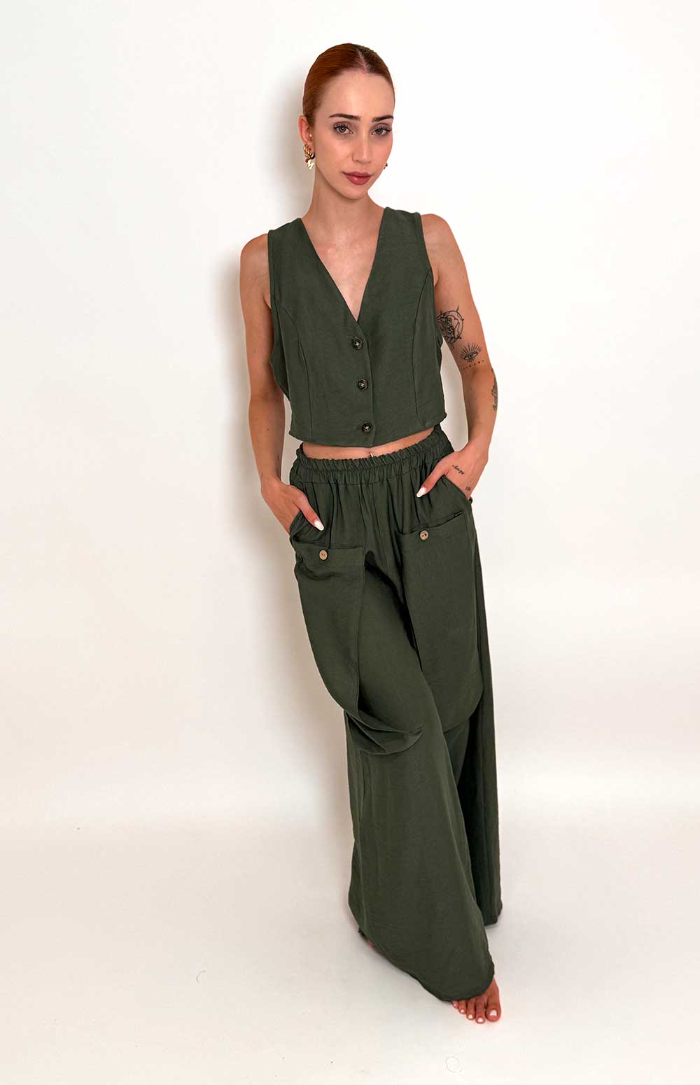 White Vest Waist Coat & Wide Leg Pants Coord Set