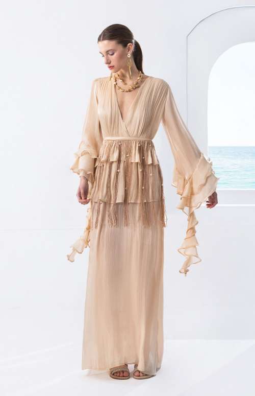 MAXI DRESS WITH RUFFLES - BELT WITH FRINGES