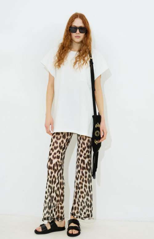 KIERA LEOPARD MESH FLARED TROUSERS
