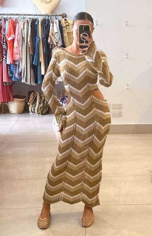 KNIT LONG SLEEVE MAXI DRESS WITH CUT OUTS