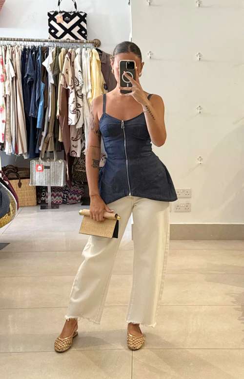 DENIM BUSTIER PEPLUM TOP