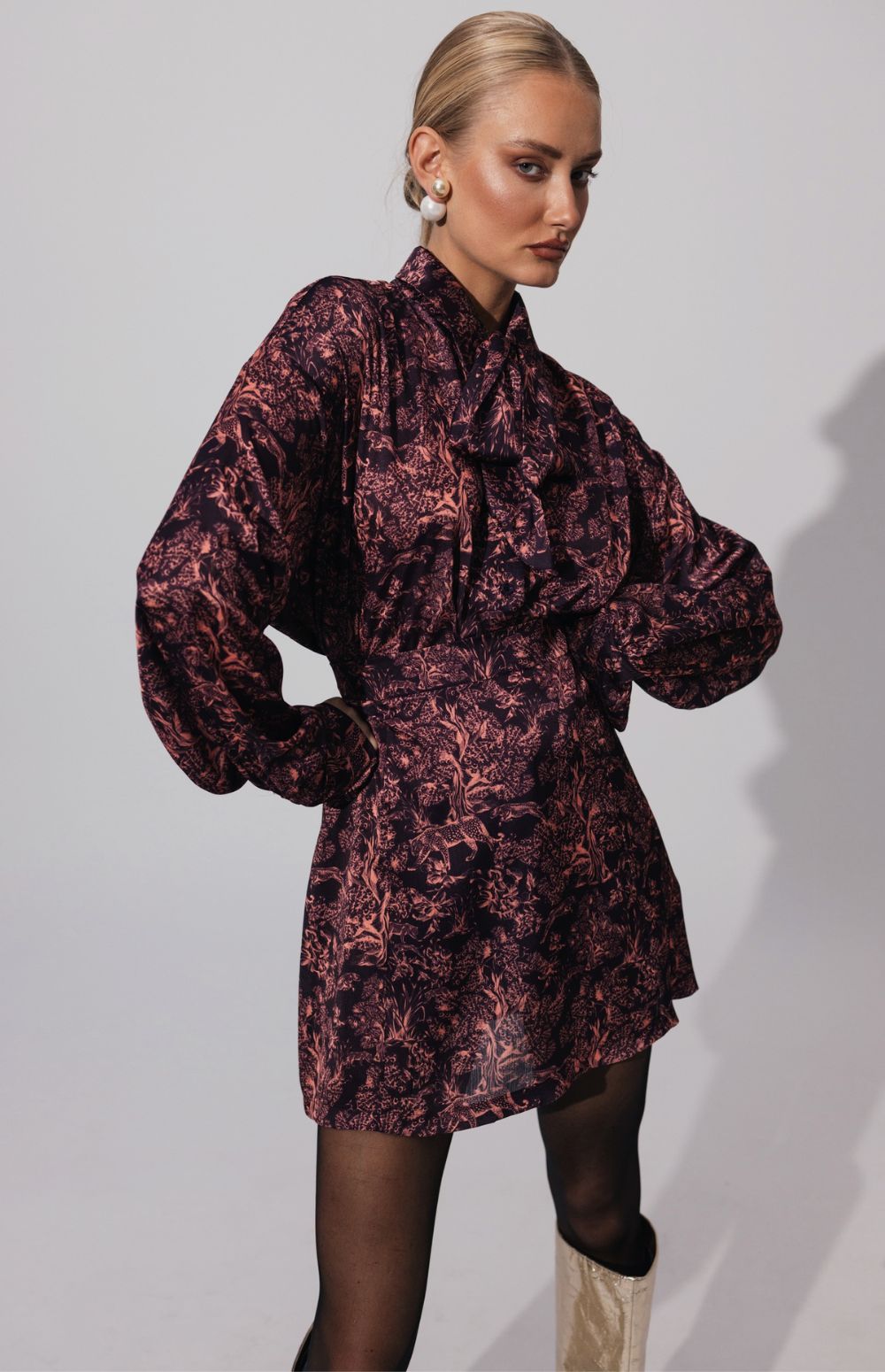 Women's Satin Printed Tiger Print Shirt Dress - StyleStone