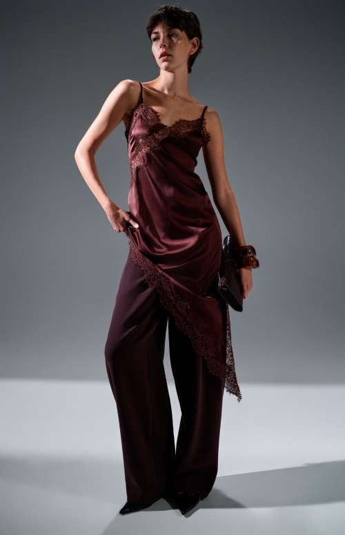 SATIN DRESS WITH LACE | BROWN