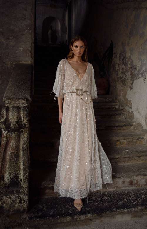 EZRA SLIT DRESS | FRINGED SEQUINED KNITTED PEARL BACK CHAIN
