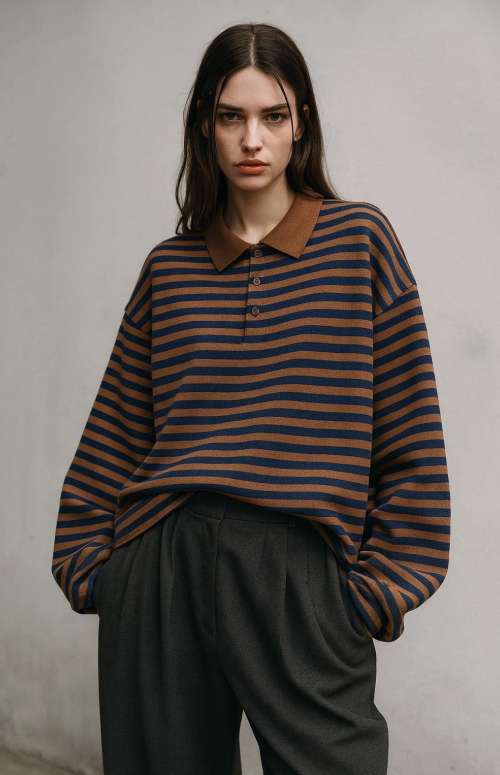 OVERSIZED STRIPED POLO-NECK TOP