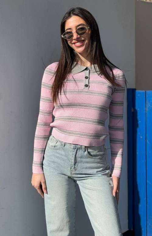 RIBBED POLO NECK STRIPED TOP