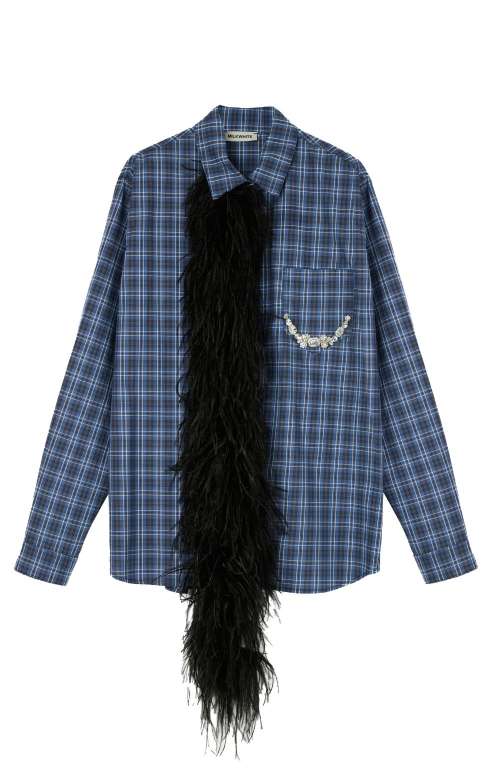OVERSIZED SHIRT WITH CRYSTALS AND FEATHER