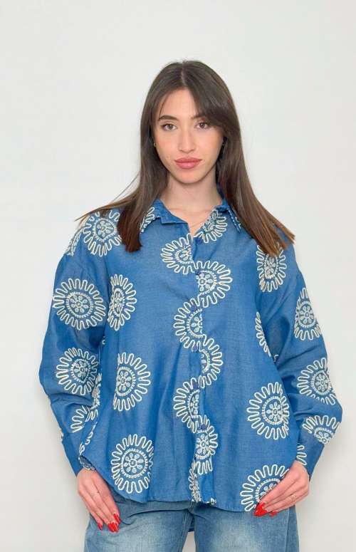 DENIM LIKE SHIRT | EMBROIDERED FLOWER PRINT