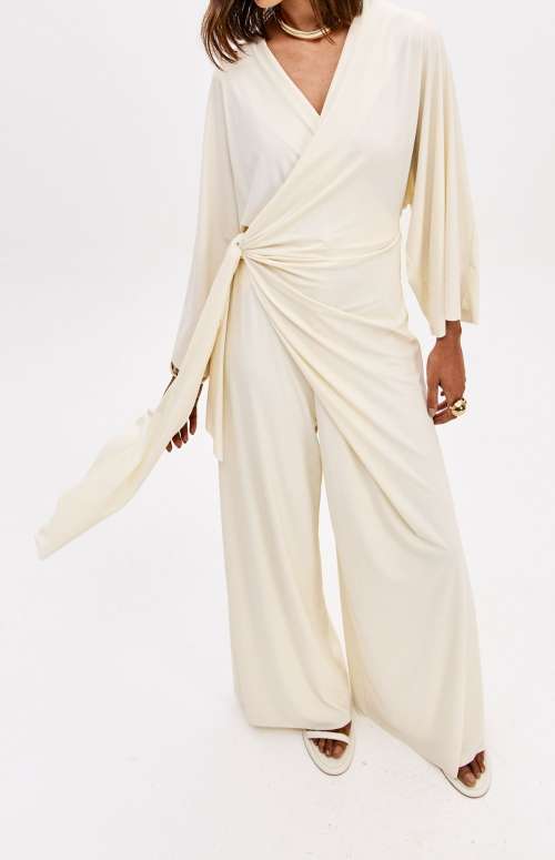LONG WRAP JUMPSUIT WITH V-NECK