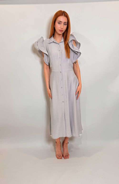 SHIRT DRESS WITH RUFFLE SLEEVES | LIGHT GREY