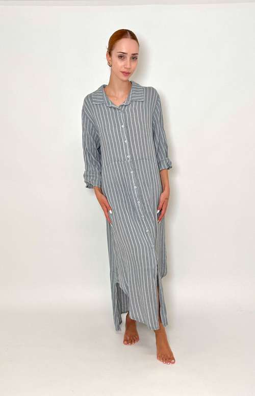 STRIPED LINEN SHIRT DRESS | LIGHT GREY