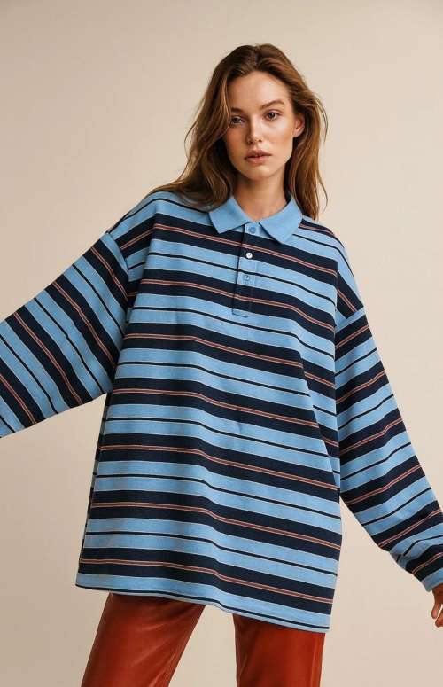 OVERSIZED STRIPED POLO-NECK TOP
