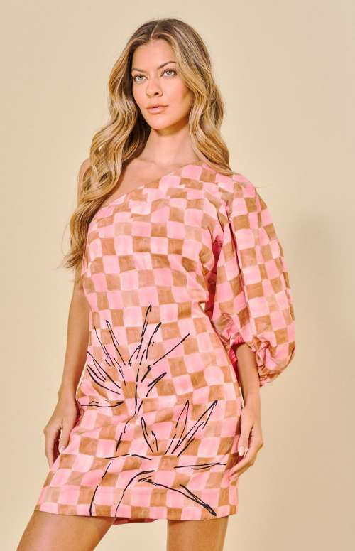 PRINTED LINEN SHORT ONE SHOULDER DRESS