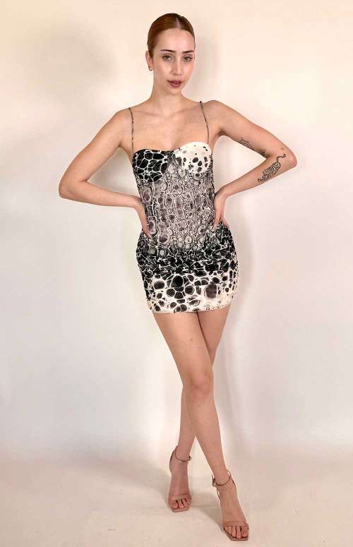 PRINTED MINI MESH DRESS WITH SPAGHETTI STRAPS