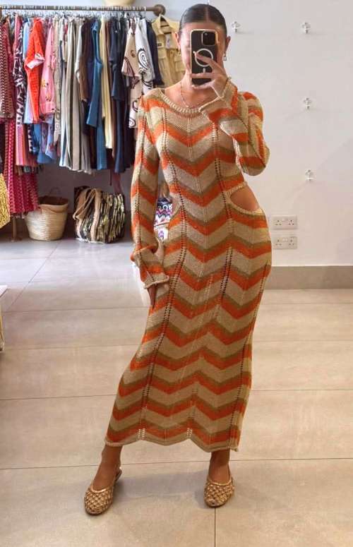 KNIT LONG SLEEVE MAXI DRESS WITH CUT OUTS