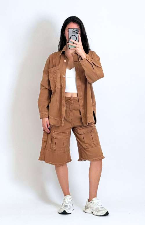 CO-ORD OVERSIZED TWILL SHIRT & CARGO BERMUDA SHORTS