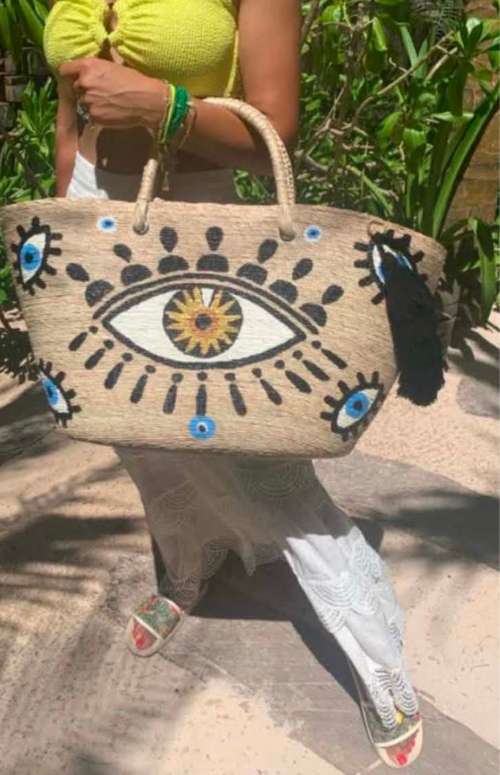 RAFFIA BEACH BAG WITH PRINTS