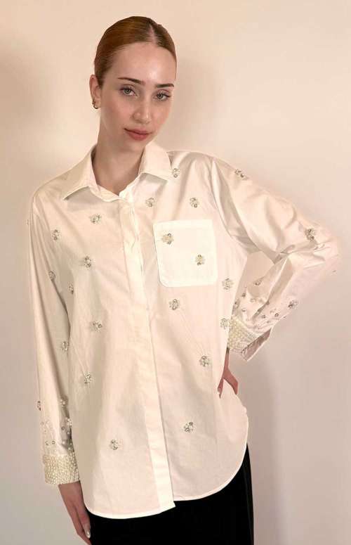 EMBELLISHED WHITE SHIRT WITH PEARL CUFFS