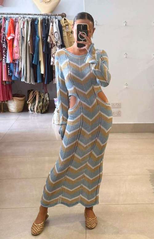 KNIT LONG SLEEVE MAXI DRESS WITH CUT OUTS