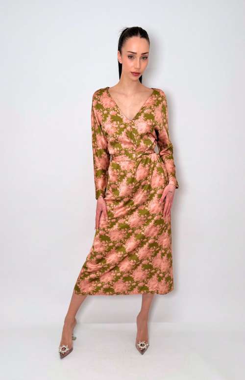 SATIN PRINTED V-NECK DRESS