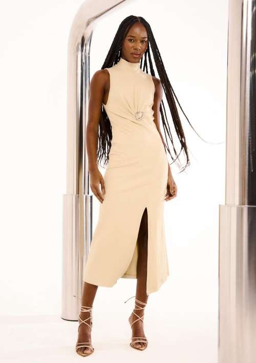 RIBBED DRESS WITH FRONT SLIT