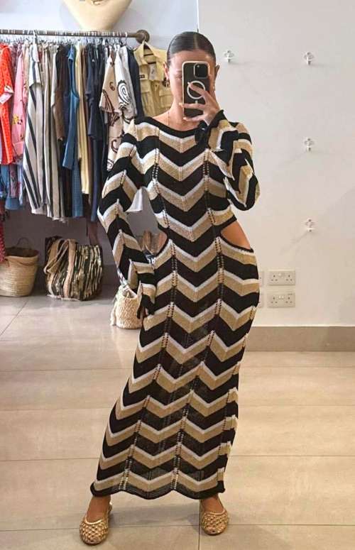 KNIT LONG SLEEVE MAXI DRESS WITH CUT OUTS