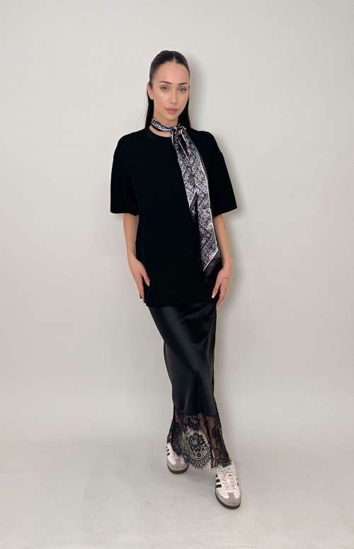 LACE TRIM SILK SKIRT | BLACK