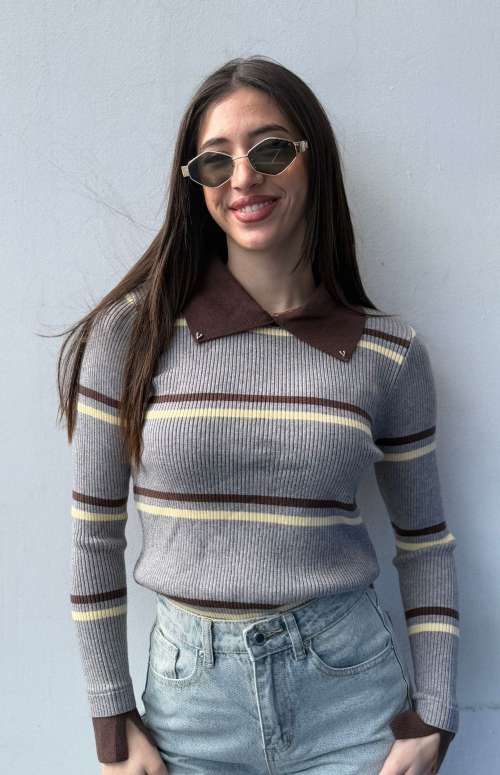 RIBBED POLO NECK STRIPED KNIT TOP