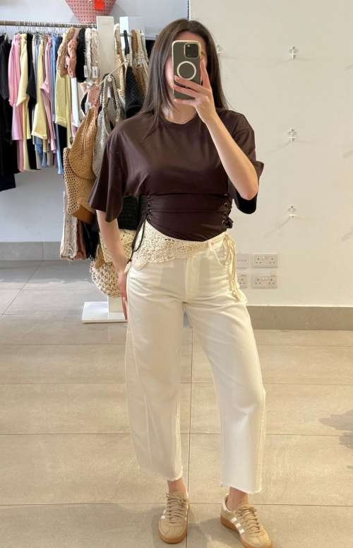 BARREL JEANS WITH CROCHET SCARF DETAIL