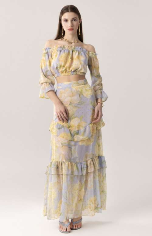 CO-ORD OFF THE SHOULDER TOP & MAXI RUFFLE SKIRT