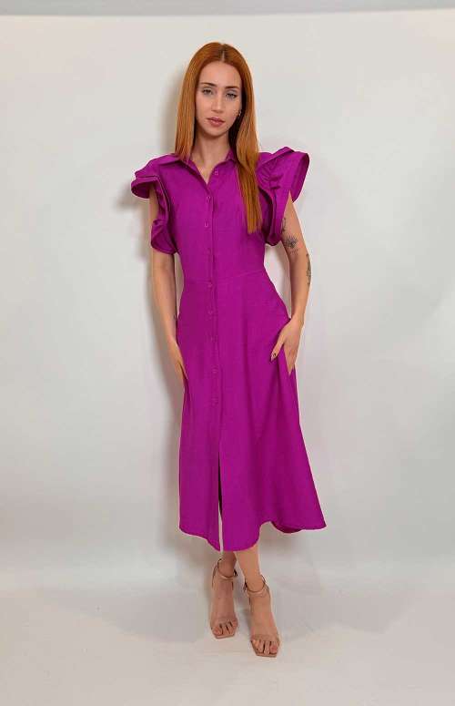 SHIRT DRESS WITH RUFFLE SLEEVES | PURPLE