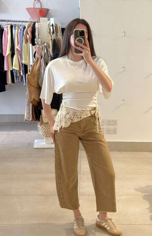 BARREL JEANS WITH CROCHET SCARF DETAIL