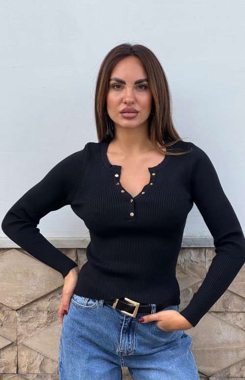 RIBBED LONG SLEEVE TOP WITH GOLD BUTTONS
