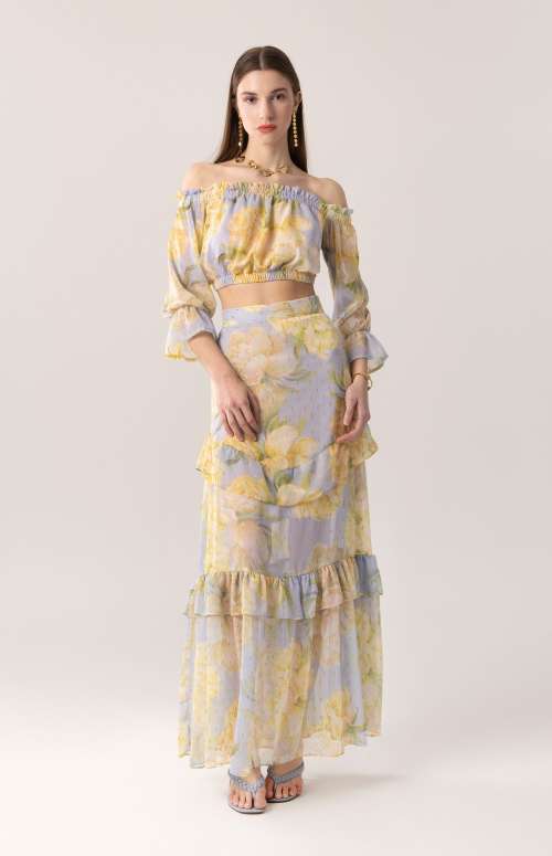CO-ORD OFF THE SHOULDER TOP & MAXI RUFFLE SKIRT