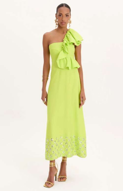 EMBROIDERED RUFFLE MIDI DRESS