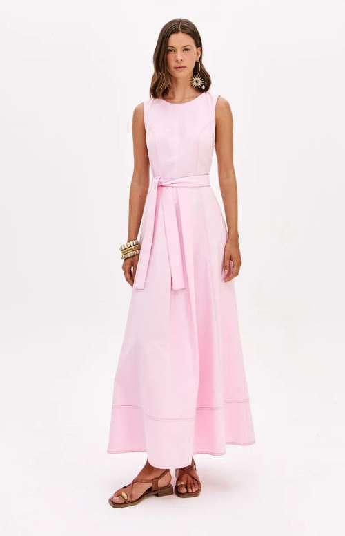 DENIM FLARED MAXI DRESS WITH CONTRAST STITCHING