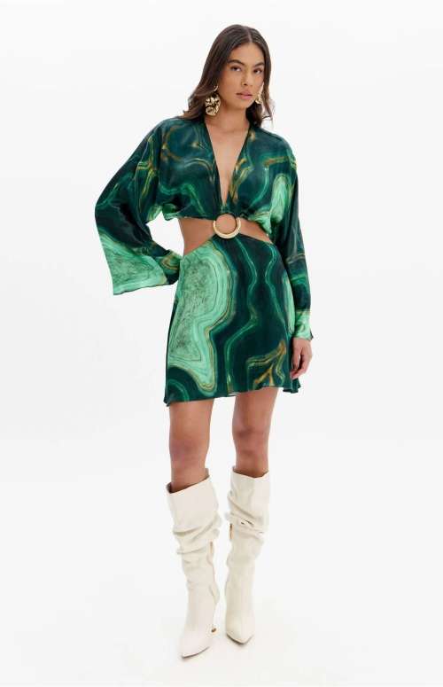 SHORT PRINTED DRESS WITH HOOP AND LONG SLEEVES