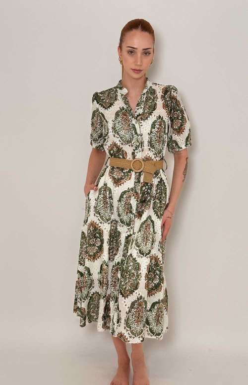 PRINTED SHIRT DRESS WITH BELT | GREEN