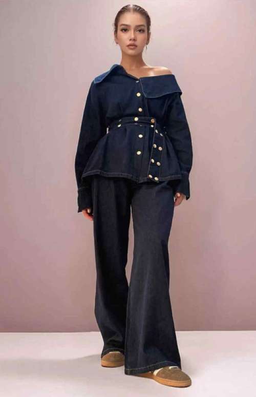CO-ORD DENIM WITH GOLD BUTTONS | SHIRT & WIDE LEG PANTS