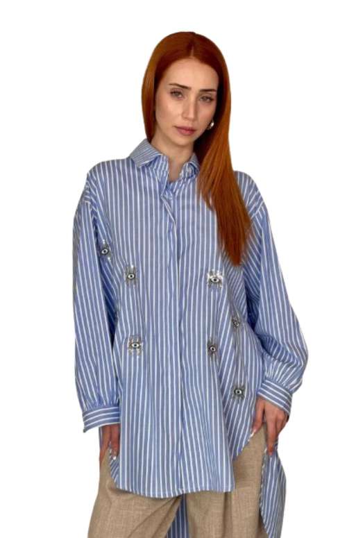 STRIPED SHIRT DRESS WITH EVIL EYE