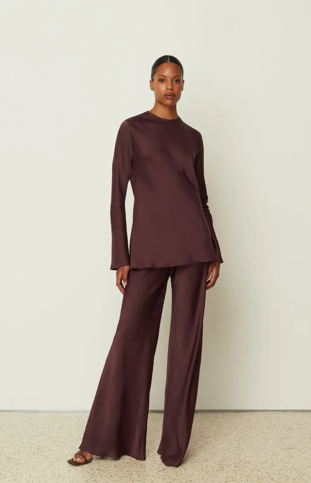 CO-ORD | SATIN LONGSLEEVE TOP &  FLARED PANTS