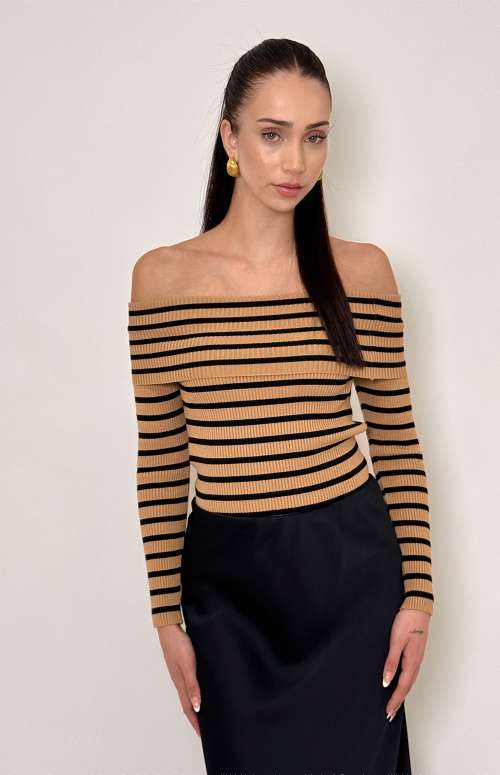 STRIPED OFF THE SHOULDER TOP | CAMEL