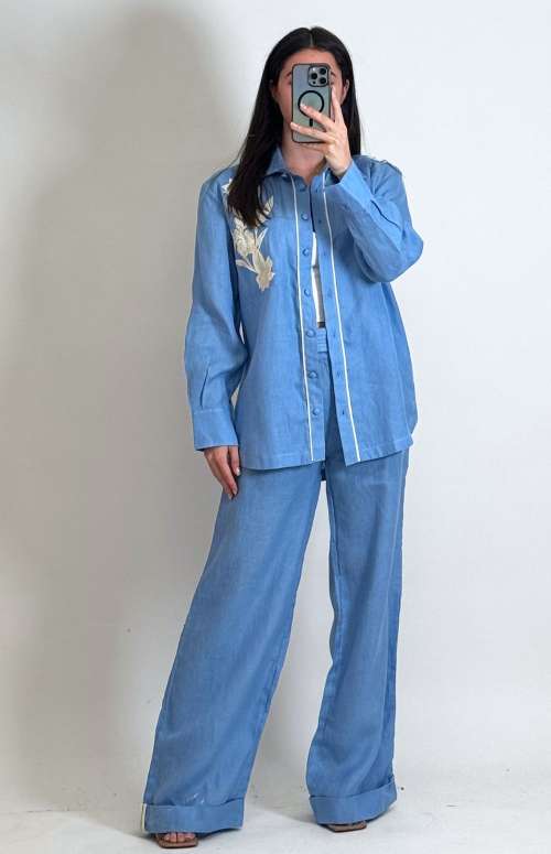 CO-ORD OVERSIZED SHIRT WITH EMBROIDERY & TAILORED PANTS