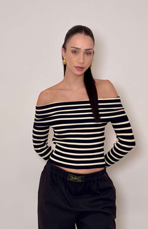 STRIPED OFF THE SHOULDER TOP | BLACK