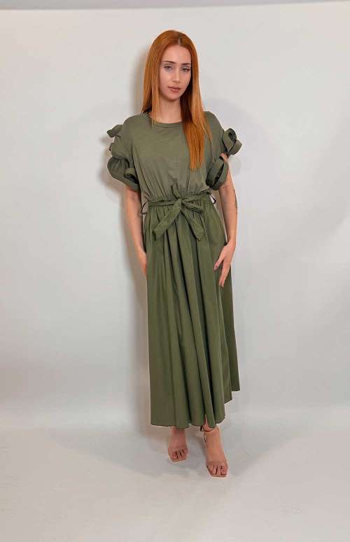 DRESS WITH RUFFLE SLEEVES | KHAKI