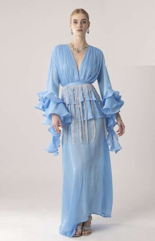 MAXI DRESS WITH RUFFLES - BELT WITH FRINGES