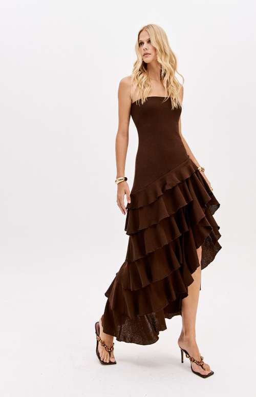 SUPER MIDI STRAPLESS DRESS WITH RUFFLES
