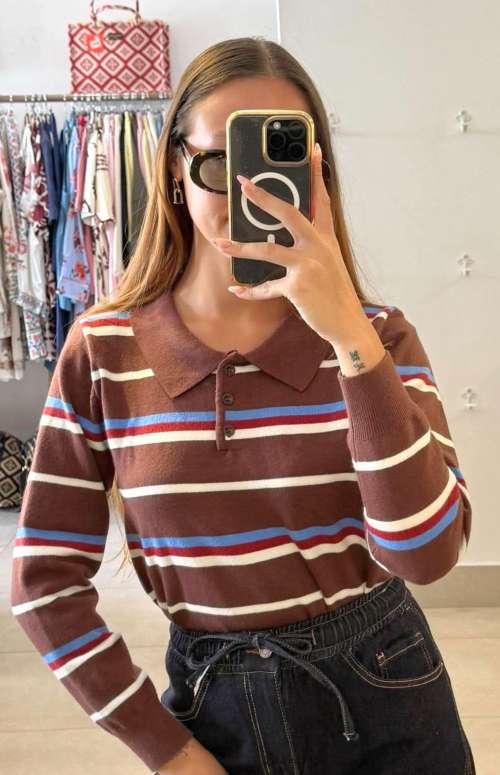 STRIPED POLO COLLAR KNIT TOP